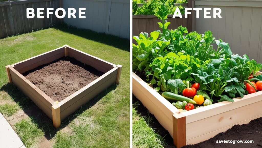 images of a raised garden bed in a small backyard