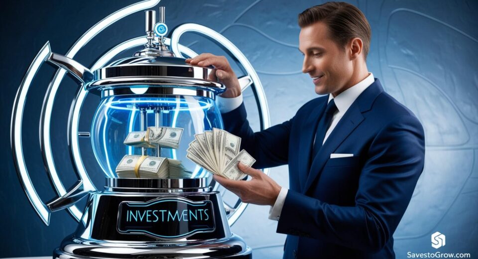 man placing money into a glowing time machine with a futuristic design labeled “Investments”