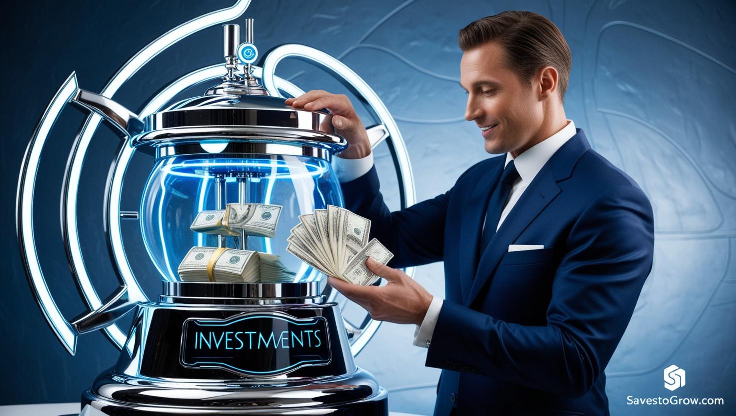 man placing money into a glowing time machine with a futuristic design labeled “Investments”