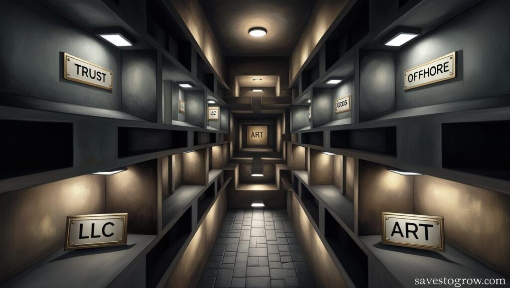 maze like vault with different rooms labeled “Trust ” “LLC ” “Offshore ” “Bonds ” and “Art ”