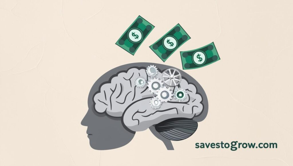 minimalist illustration of a brain with gears turning into dollar bills set on a clean background