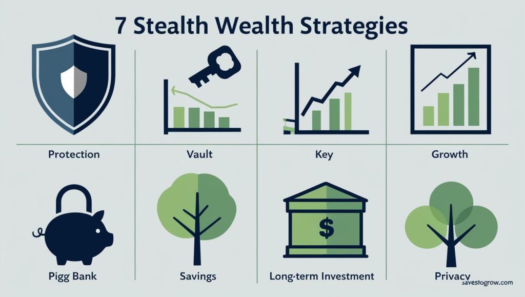 nfographic style visual showing “7 stealth wealth strategies” in icons (shield vault key etc