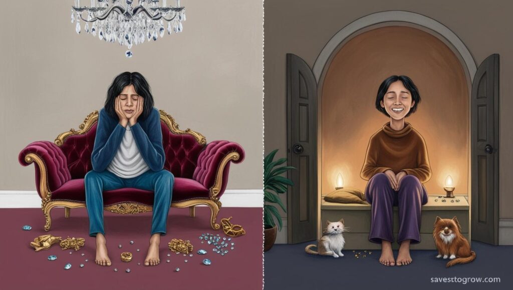 one side a person surrounded by luxuries feeling empty; on the other someone with basics smiling in peace