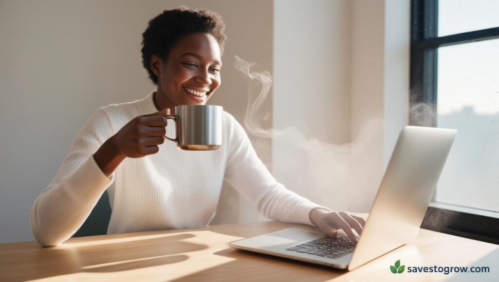 person happily automating investments on their laptop sipping coffee at a desk