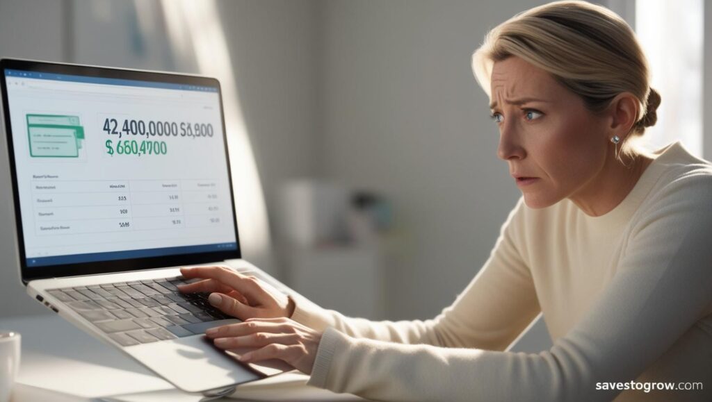 person staring at their full bank account with a worried expression