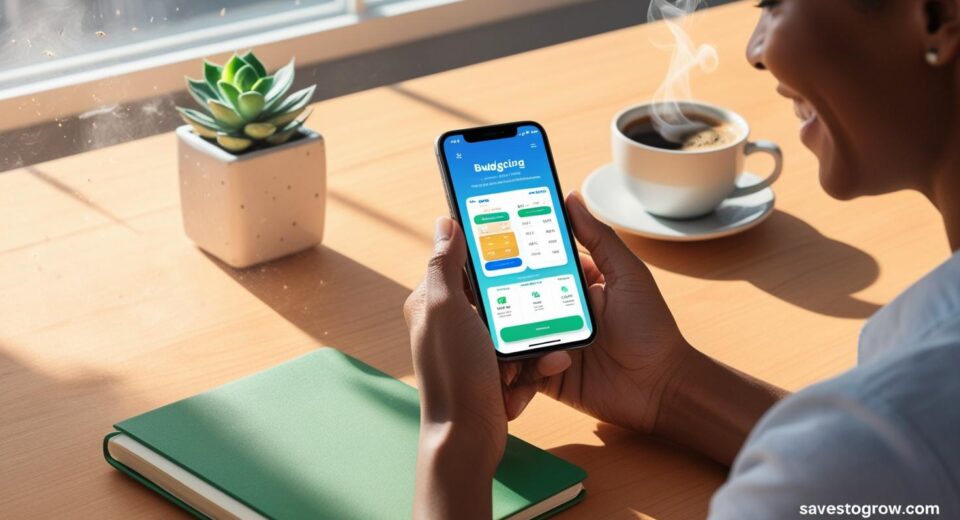 person using a budgeting app on their phone while drinking coffee at a tidy desk