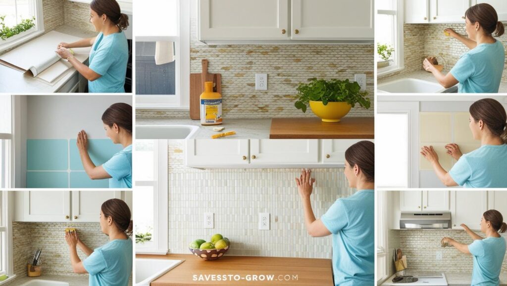 photo collage of a person installing a peel and stick backsplash
