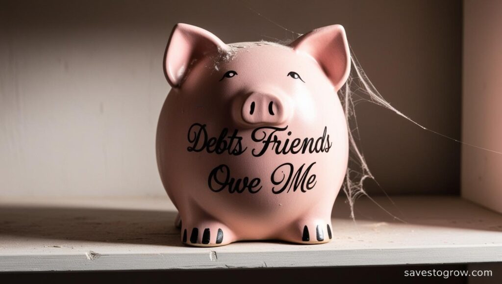 piggy bank labeled “Debts My Friends Owe Me” with cobwebs