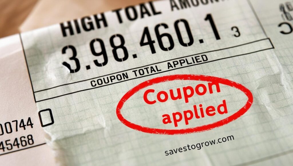 receipt showing high total spend with “Coupon applied” ironically circled