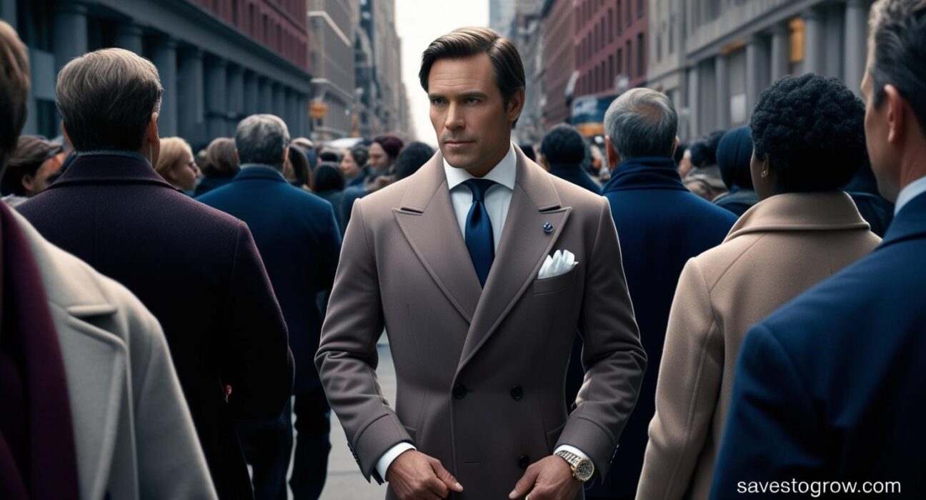 rich looking person blending into a crowd with their wealth shown as hidden below the surface iceberg style