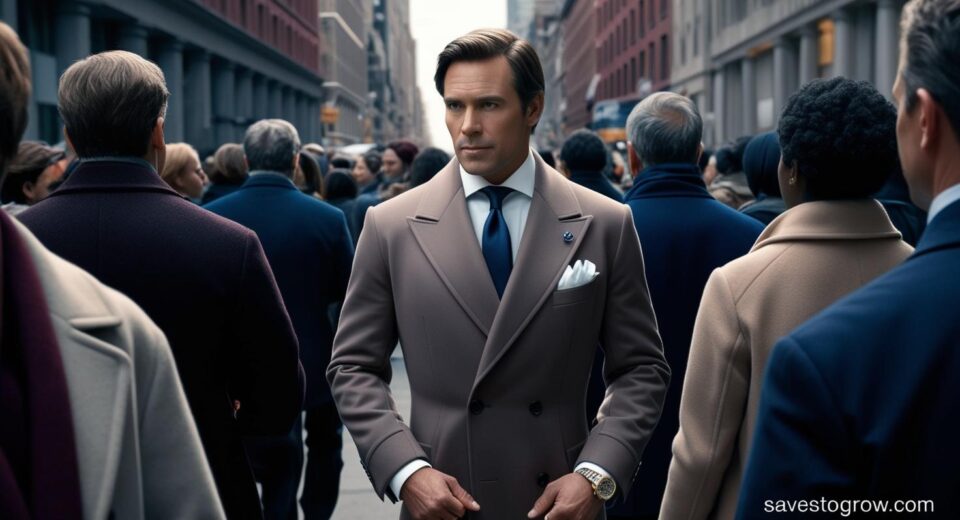 rich looking person blending into a crowd with their wealth shown as hidden below the surface iceberg style