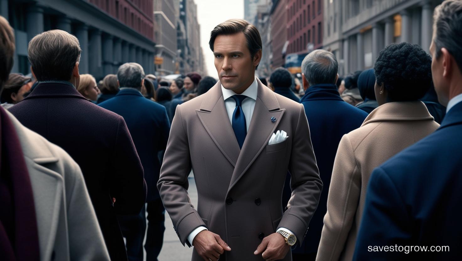 rich looking person blending into a crowd with their wealth shown as hidden below the surface iceberg style