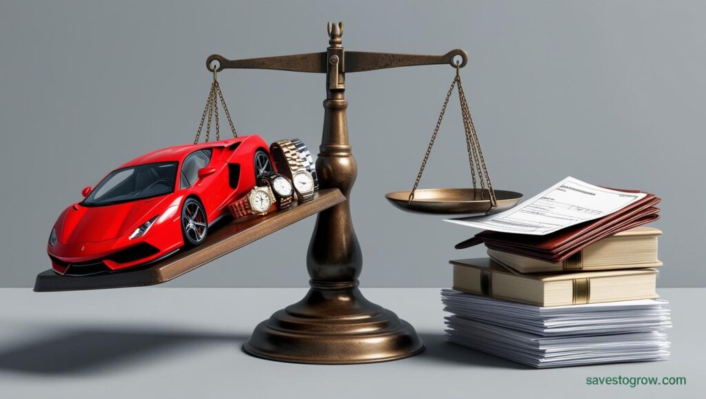 scale weighing flashy assets (expensive cars and watched) vs stealth assets (trust deed muni bond life insurance)