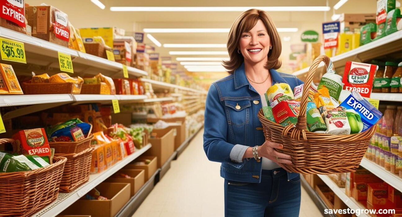 shopper holding a basket of discounted “expired” items in a grocery store clearance ais