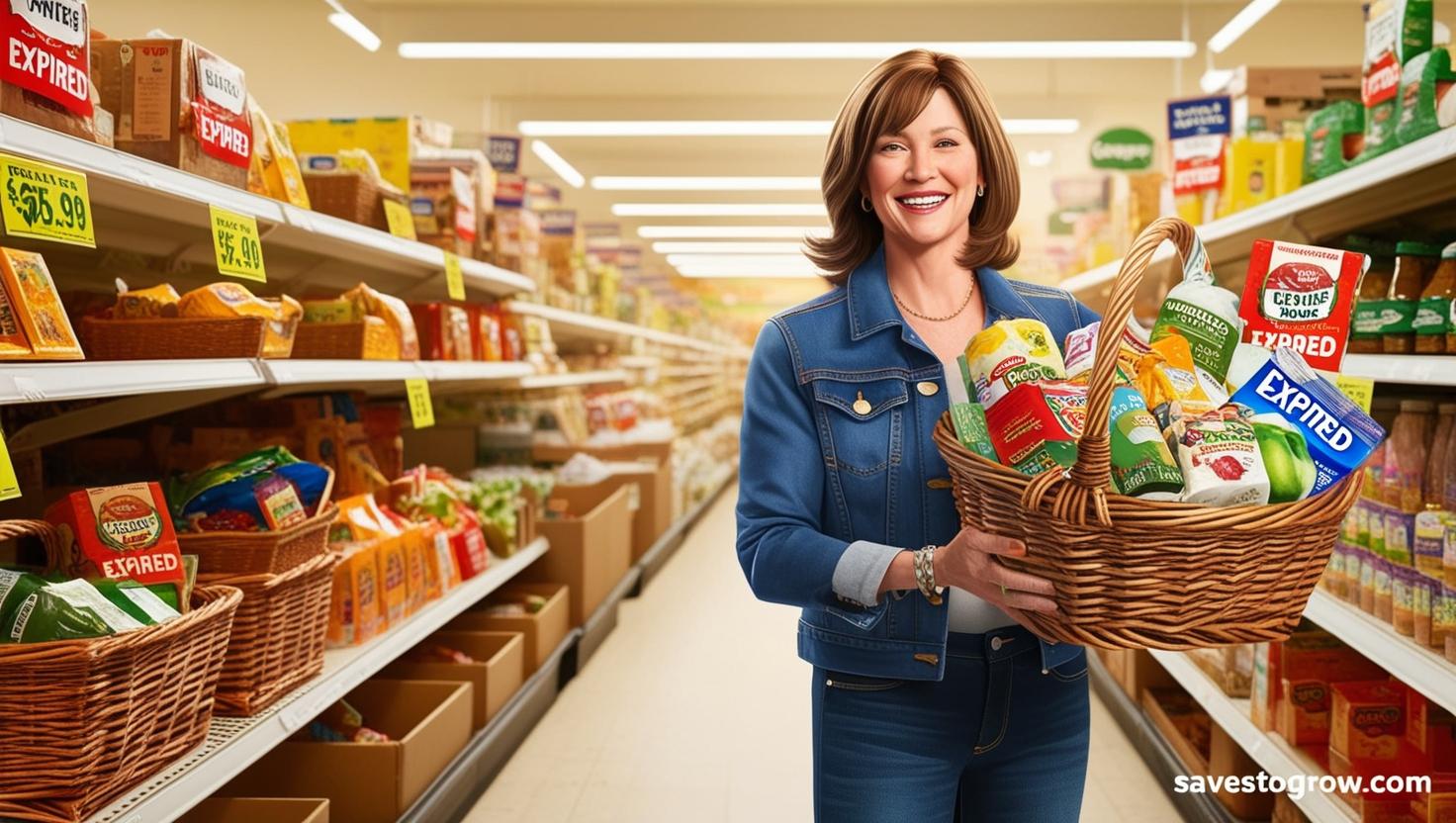 shopper holding a basket of discounted “expired” items in a grocery store clearance ais