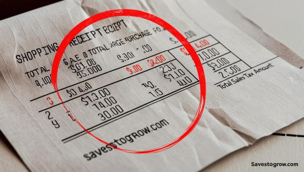 shopping receipt with big ticket items and total sales tax circled in red