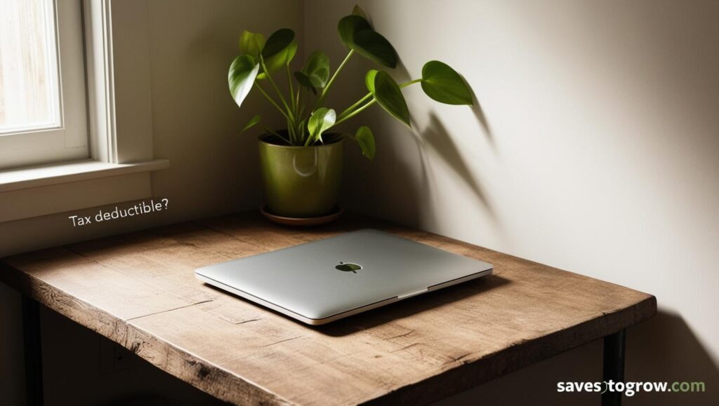 small cozy home office corner with a laptop and a plant