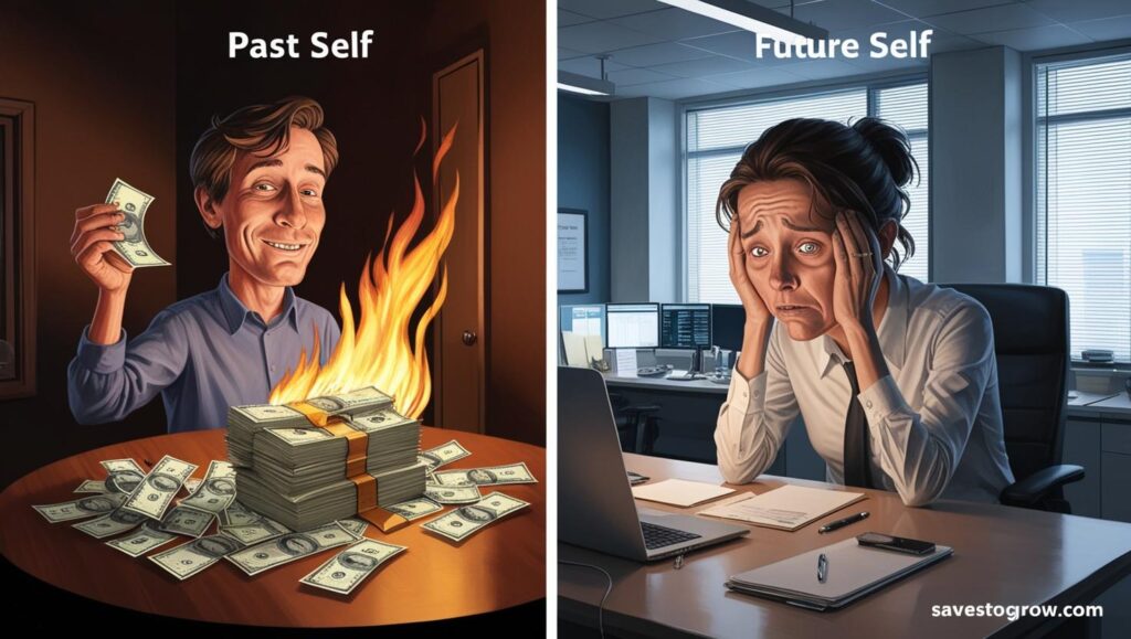 split screen of “Past Self” burning cash and “Future Self” looking stressed