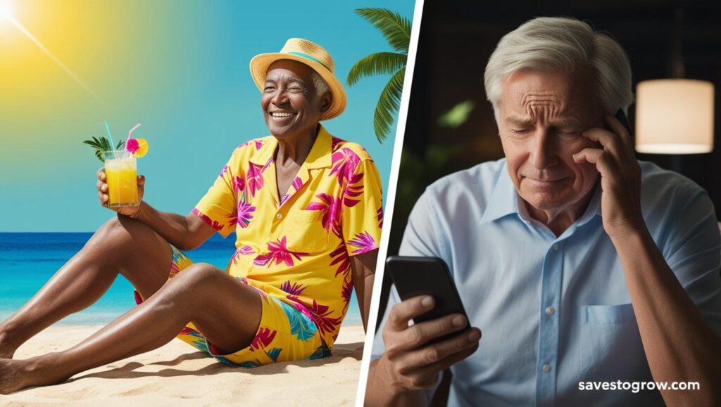 split screen of a smiling beach retiree vs the same person looking anxious while checking a stock app