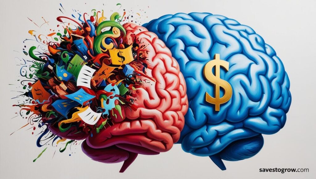 two brains—one chaotic with clutter one focused with a single dollar sign at the center