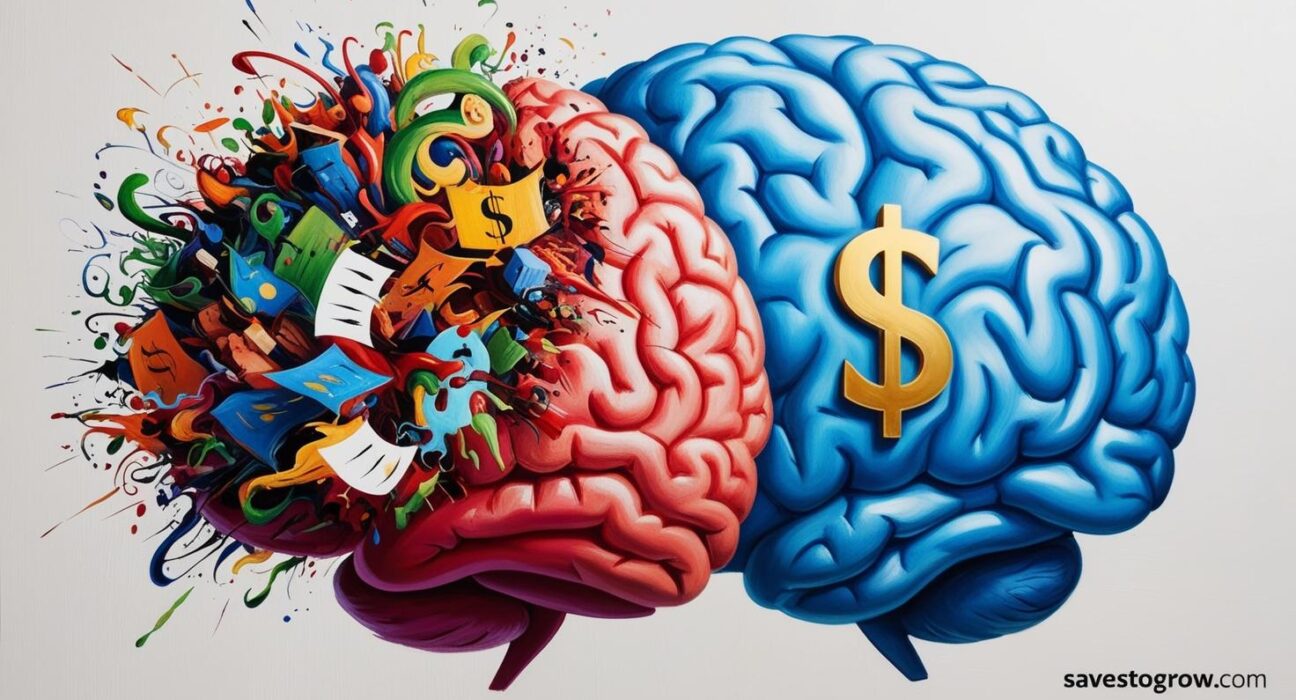 two brains—one chaotic with clutter one focused with a single dollar sign at the center