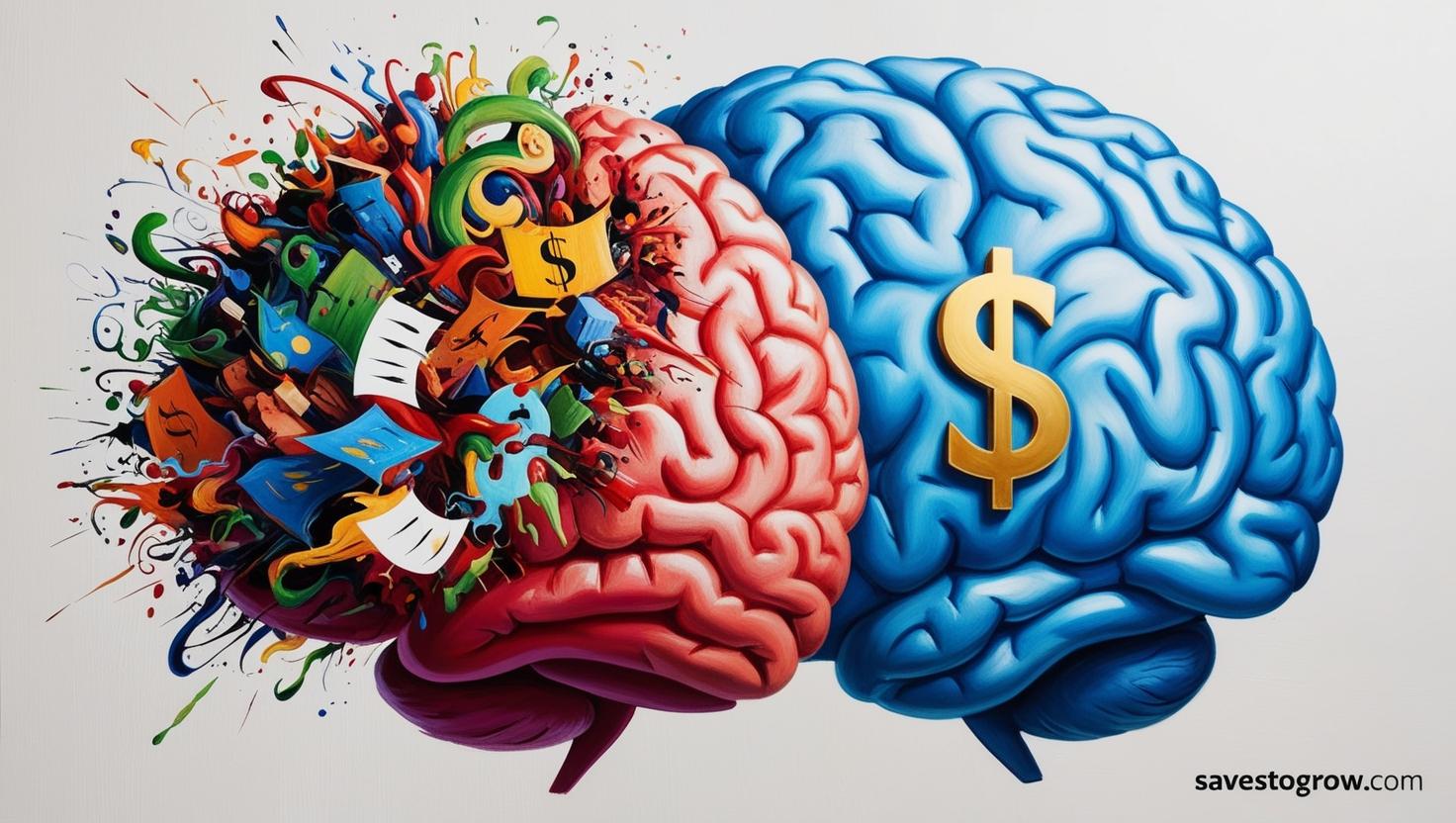 two brains—one chaotic with clutter one focused with a single dollar sign at the center