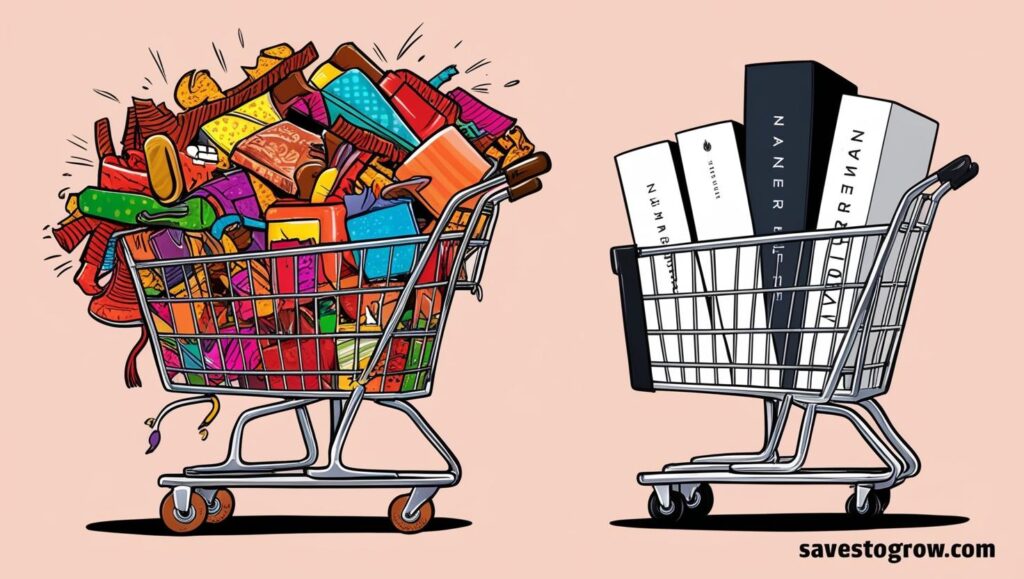 two shopping carts—one full of clearance items one with overpriced name brands