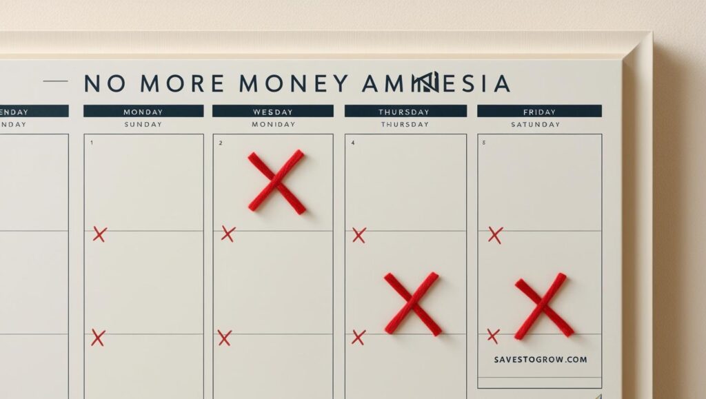wall calendar with red Xs on days tracking spending labeled “No More Money Amnesia